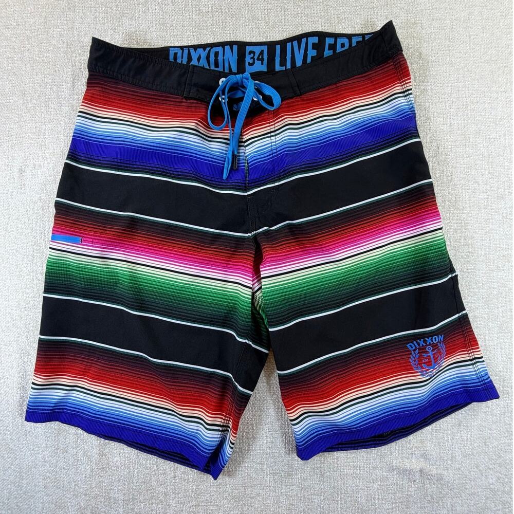 Dixxon Men's 34 Black Striped Serape Print Board Shorts Pool Beach Swim Surf